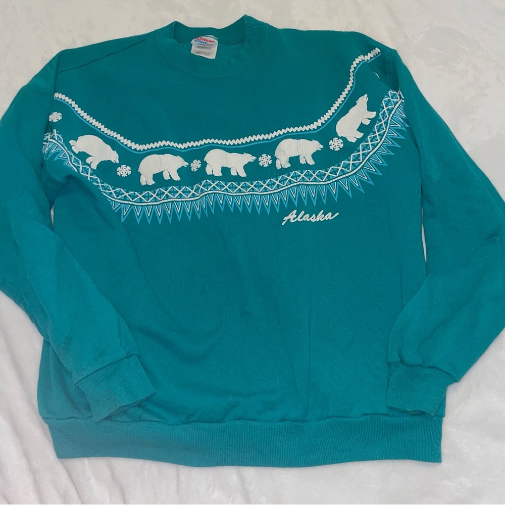 Hanes Teal Crewneck Sweater with Alaska Design Vintage